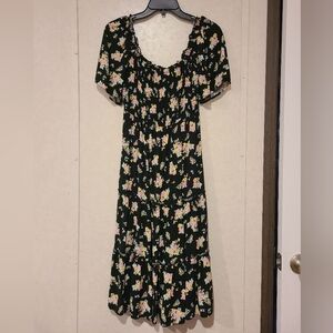 As U Wish Shirred Black Floral Rayon Midi Dress size Small